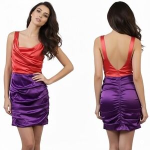 Express Dress Size 8 Coral Purple Ruched V-Back Sleeveless Colorblock‎ Stretch